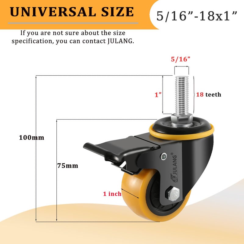 Julang 2 Iinch Caster Wheels 5/16 Threaded Stem Castors Sets 4, Swivel & Daul Locking Casters for Wire Shelving(Orange, 5/16"-18x1) - Image 2